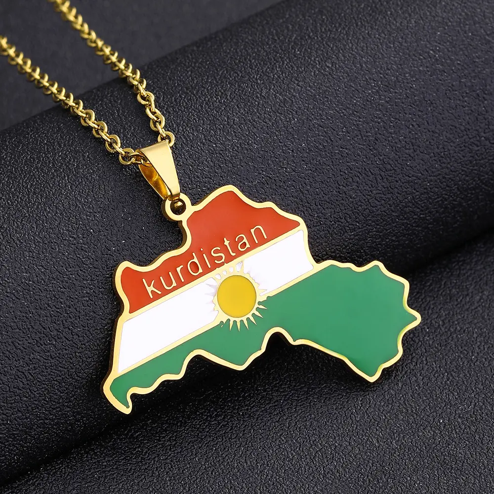 Unisex Vintage Kurdistan Map Pendant Necklace Set, Stainless Steel Fade-Resistant Jewelry, Adult Souvenir Gift