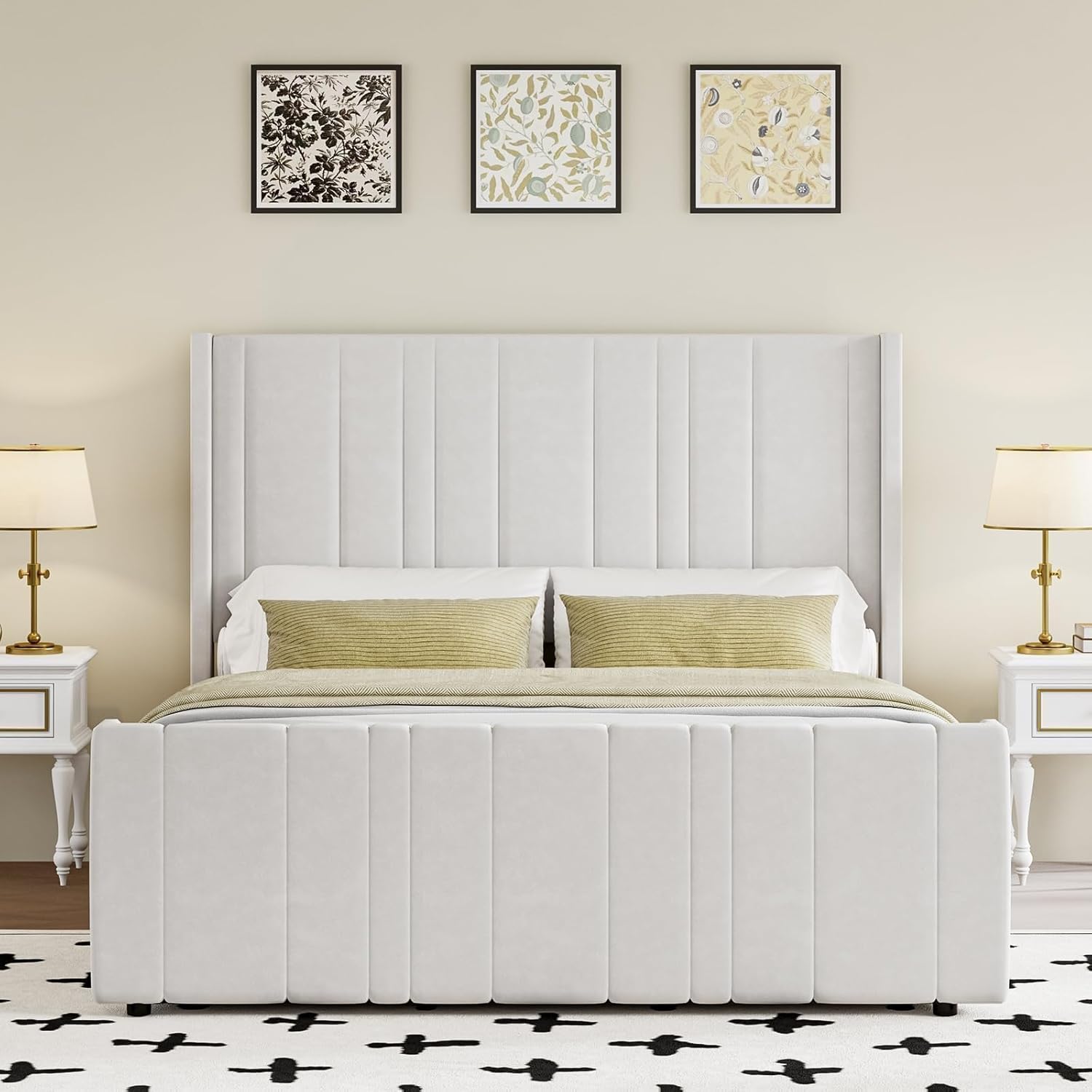 HOMBCK Bed Frame, No mattress, with Vertical Channel Tufted Headboard & Footboard, Premium Velvet, Noise Free, No Box Spring Needed, Easy Assembly