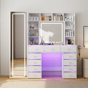 Full Length Oversized Mirror LED Makeup Vanity Desk, RGB Lighted Dresser Table with Ample Drawer Storage for Bedroom