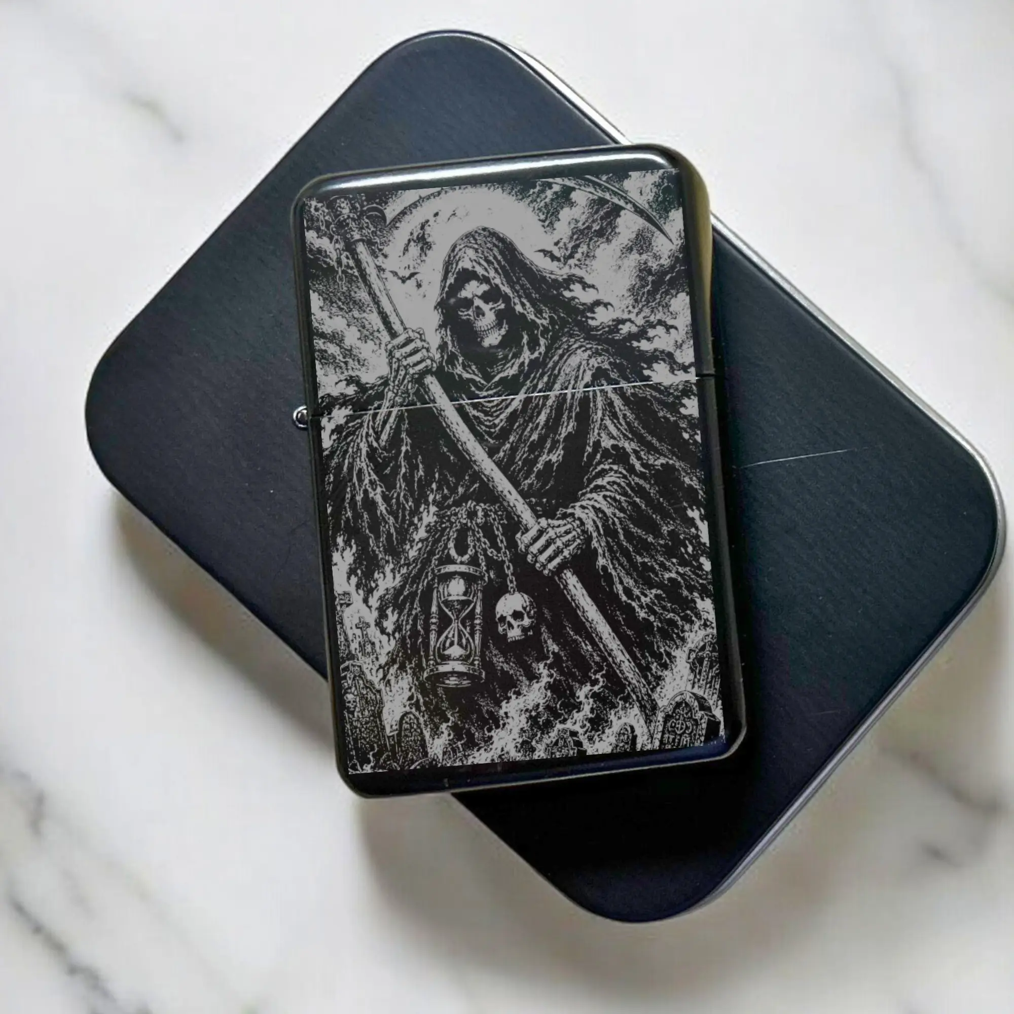 Grim Reaper Engraved Metal Lighter Case Accessory for Standard Lighters, Home Supplies Miscellaneous Lighter Accessory