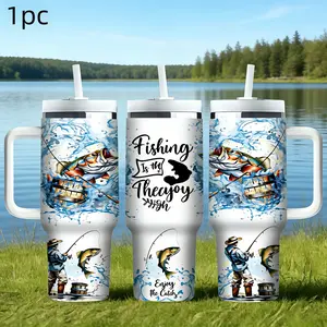 1pc 40oz/ 33oz/ 30oz / 17oz Insulated Tumbler with Handle | Fishing Is My Therapy Bass Fish Print | Stainless Steel Vacuum Travel Mug | Keep Drinks Hot & Cold | Perfect Gift for Fishermen, Dad & Fishing Lovers