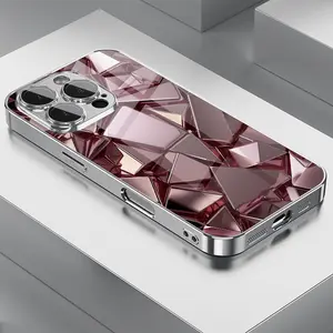 Stylish Rose Golden Shimmering Geometric Patterned Electroplated Glass phone cases with Lens Protection for iPhone 16Promax 15 14 13 12 11, Featuring Full Coverage And Drop Protection with Tempered Glass