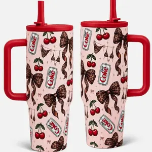 1pc 40oz Diet Coke Cherry Leopard Bow Tumbler, Double Wall Vacuum Insulated, Leakproof Lid & Straw, Stainless Steel, Keeps Hot 12h Cold 24h,