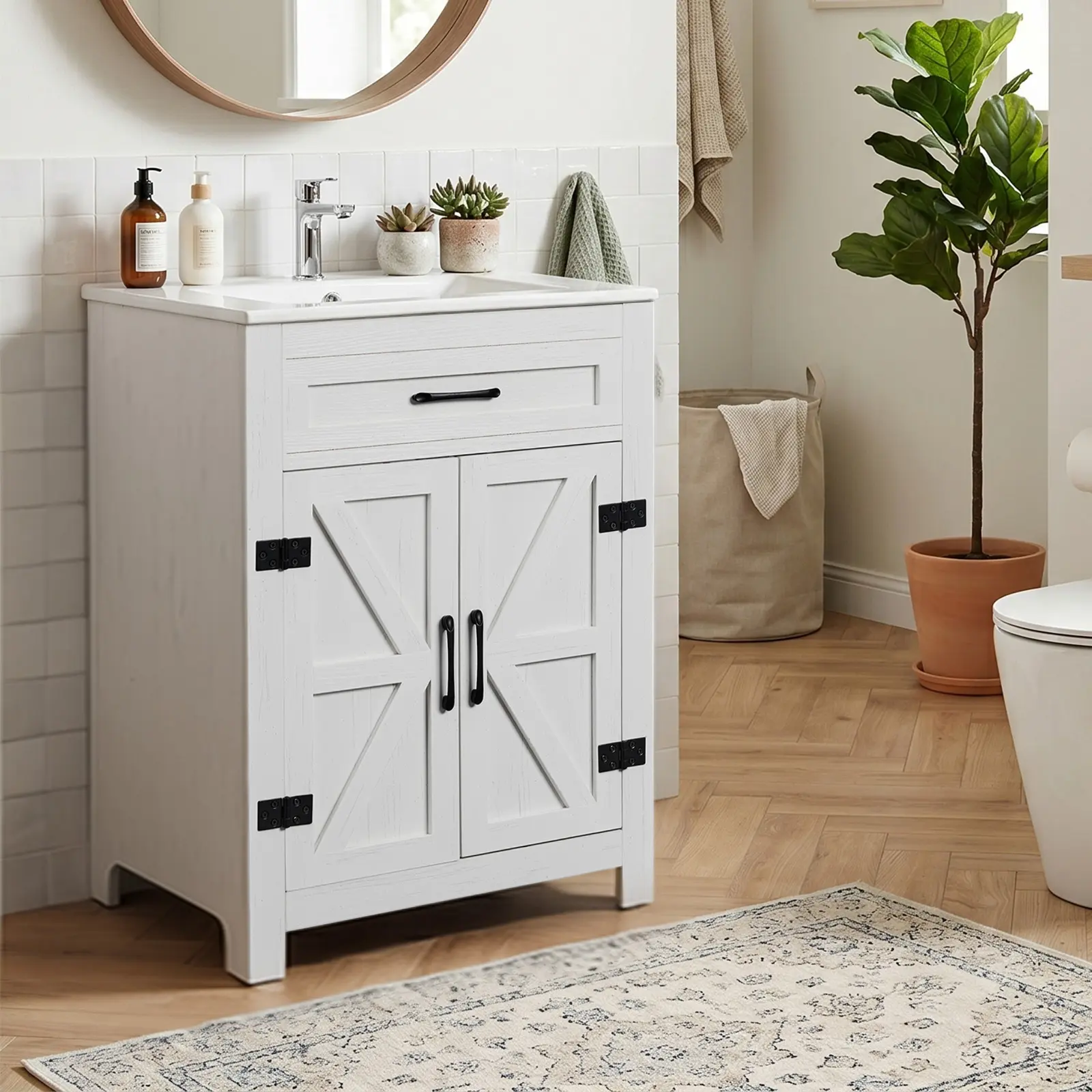 24 Inch White Washed Particleboard Bathroom Vanity Cabinet With Melamine Veneer, Barn Double Door Design And U-Shaped Internal Storage Shelves, Freestanding Farmhouse Washbasin Cabinet For Bathroom, Sink Not Included