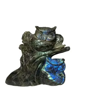 Labradorite Owl Carving on Tree - Natural Stone Statue