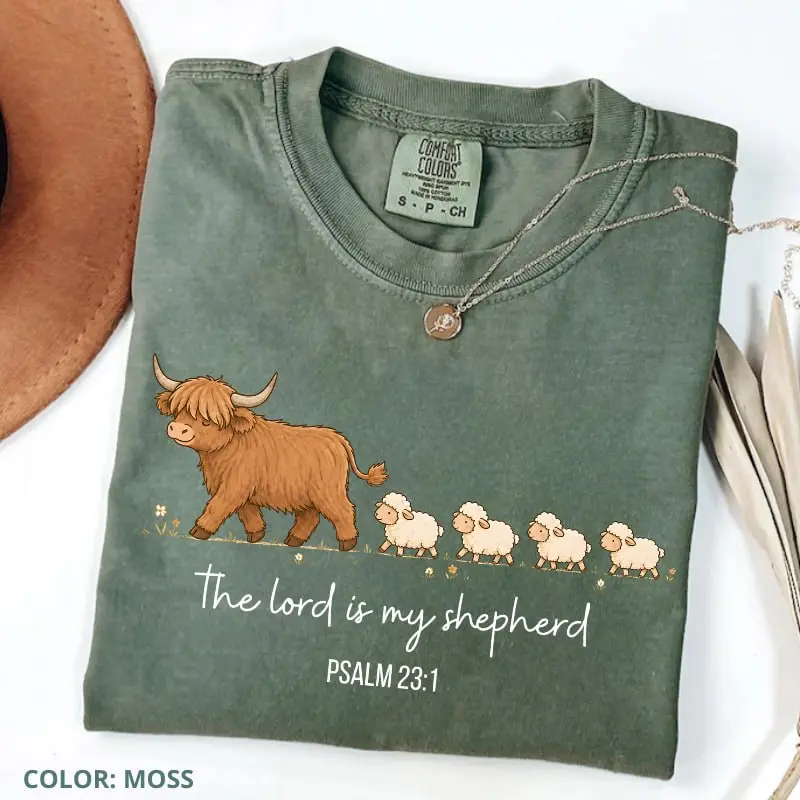 Comfort Colors Highland Cow Christian T Shirt, The Lord Is My Shepherd Tee, Psalm 23:1 Bible Verse Shirt, Country Faith Graphic Top, Religious Gift