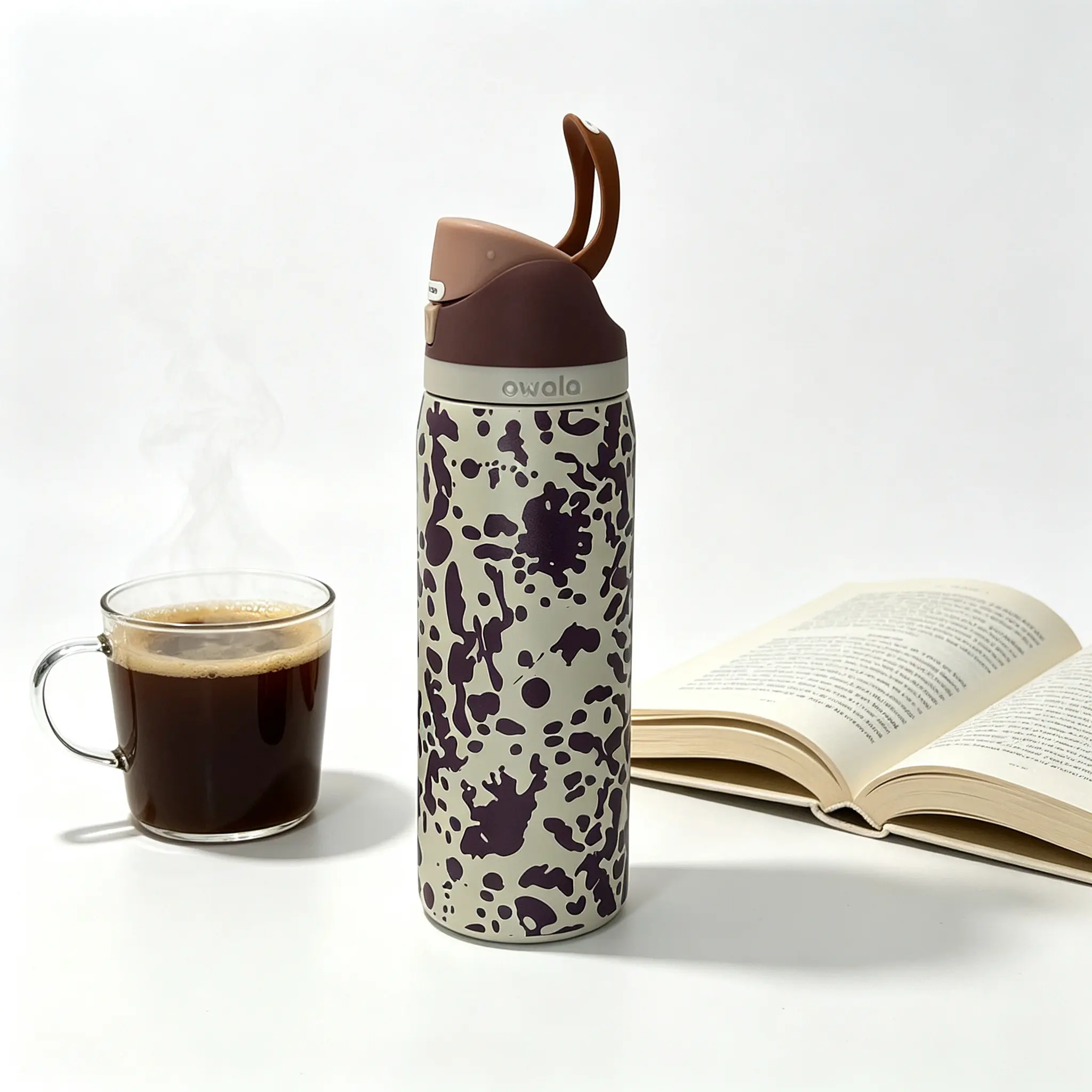 Owala 32oz FreeSip Insulated Stainless Steel Water Bottle - Stylish Playful Purple Cow Print Drinkware, Leak-Proof Flip-Top Lock Lid, Carry Loop, BPA-Free Safe Vacuum Flask for Gym Daily Use, Coffee Compatible cup holder fit drink color drop double-walled