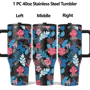 40oz Tropical Floral Cartoon Insulated Cup, Dual-Layer Vacuum Stainless Steel, Leak-Proof Handle, Keeps Hot 12h Cold 24h, Ideal for Office & Travel