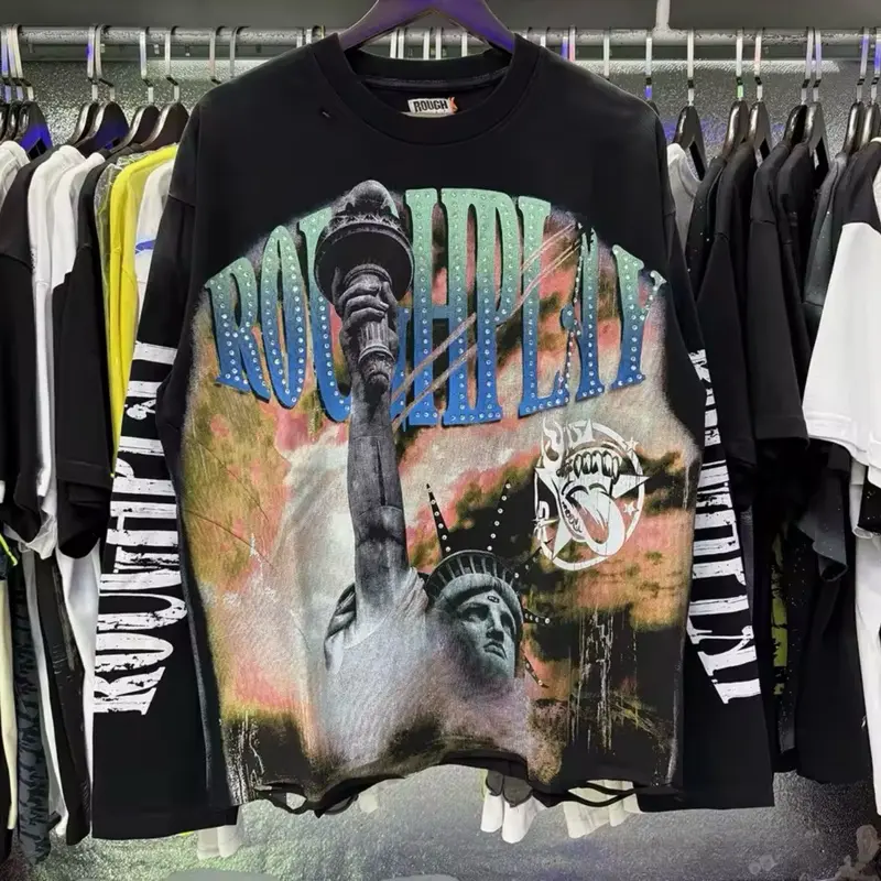 New American Style Rough Play Splicing Shinning Diamond 100% Cotton long sleeves T-shirts for Men Women Crew Neck Loose Summer T-shirt Oversized Tees