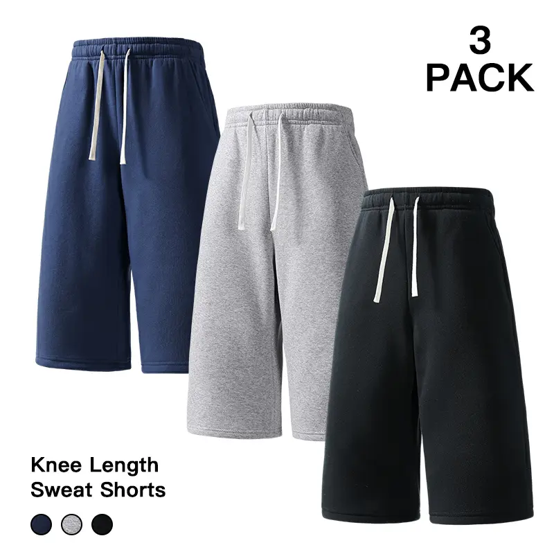 3 Pack Men Solid Knee Length Loose Sweat Shorts Elastic Waist Drawstring Casual Jog Shorts Athleisure Pants for Everyday Outdoor Activities