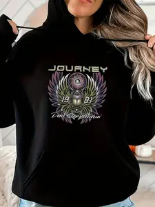 Journey Band Don't Stop Believin' 1981 Retro Graphic Fitted Hoodie, Long Sleeve Casual Drawstring Sweatshirt for Fall & Winter Fashion
