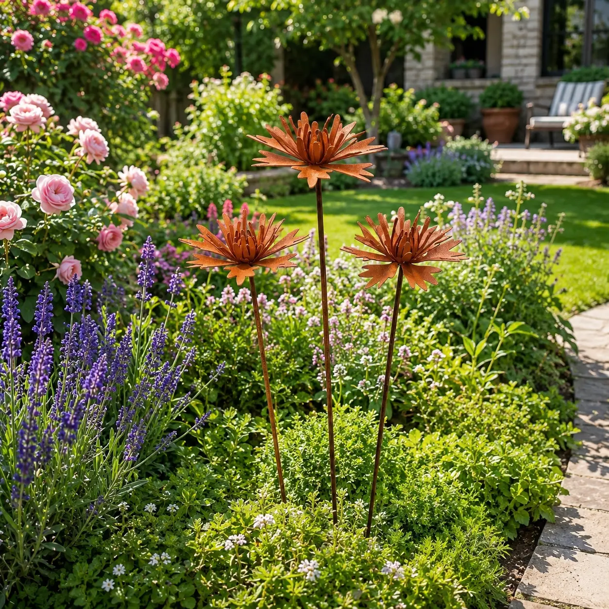 Metal Rusted Daisy Flower Garden Stakes Set Pack - Rustic Weatherproof Sculptures, Outdoor Decor for Lawn Pathway, Home Improvement Supplies for Garden Lovers