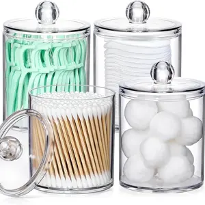 4-Pack Decorative Clear Acrylic Qtip Holder Dispenser Set - Small Apothecary Jars for Cotton Swabs, Balls, Pads, Floss Picks, Bathroom Vanity Makeup Storage Organizer