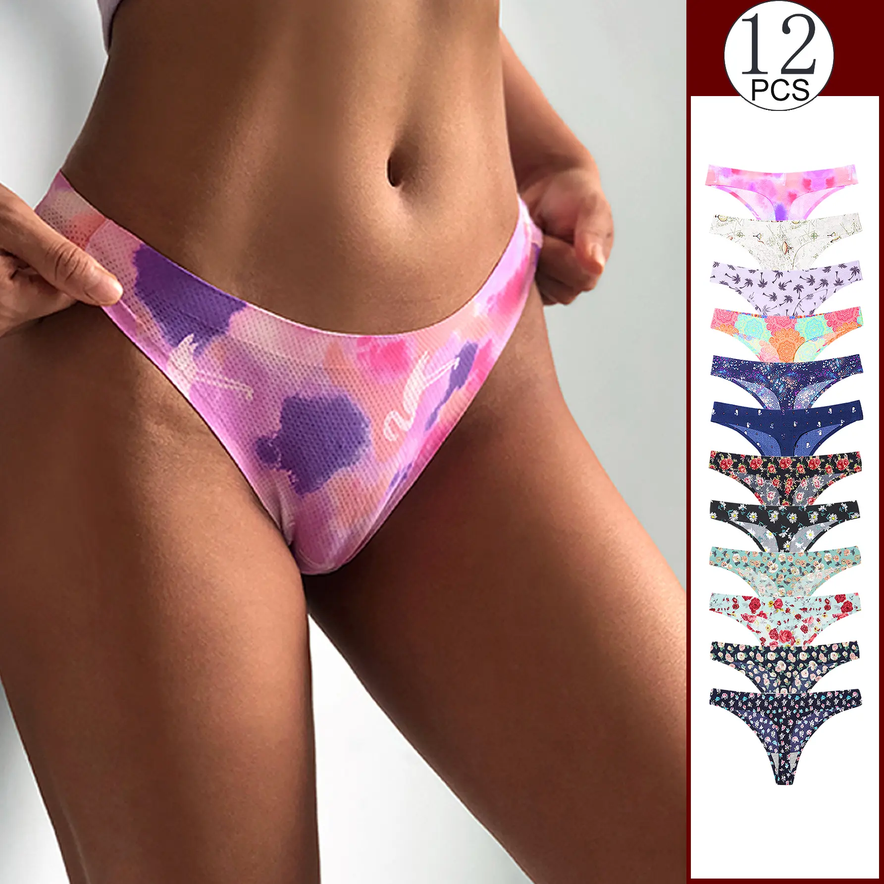 VOPINK 12-Pack Women's Seamless Thong Panties - Soft Stretch Floral Print Underwear for Yoga, Lounge & Daily Wear