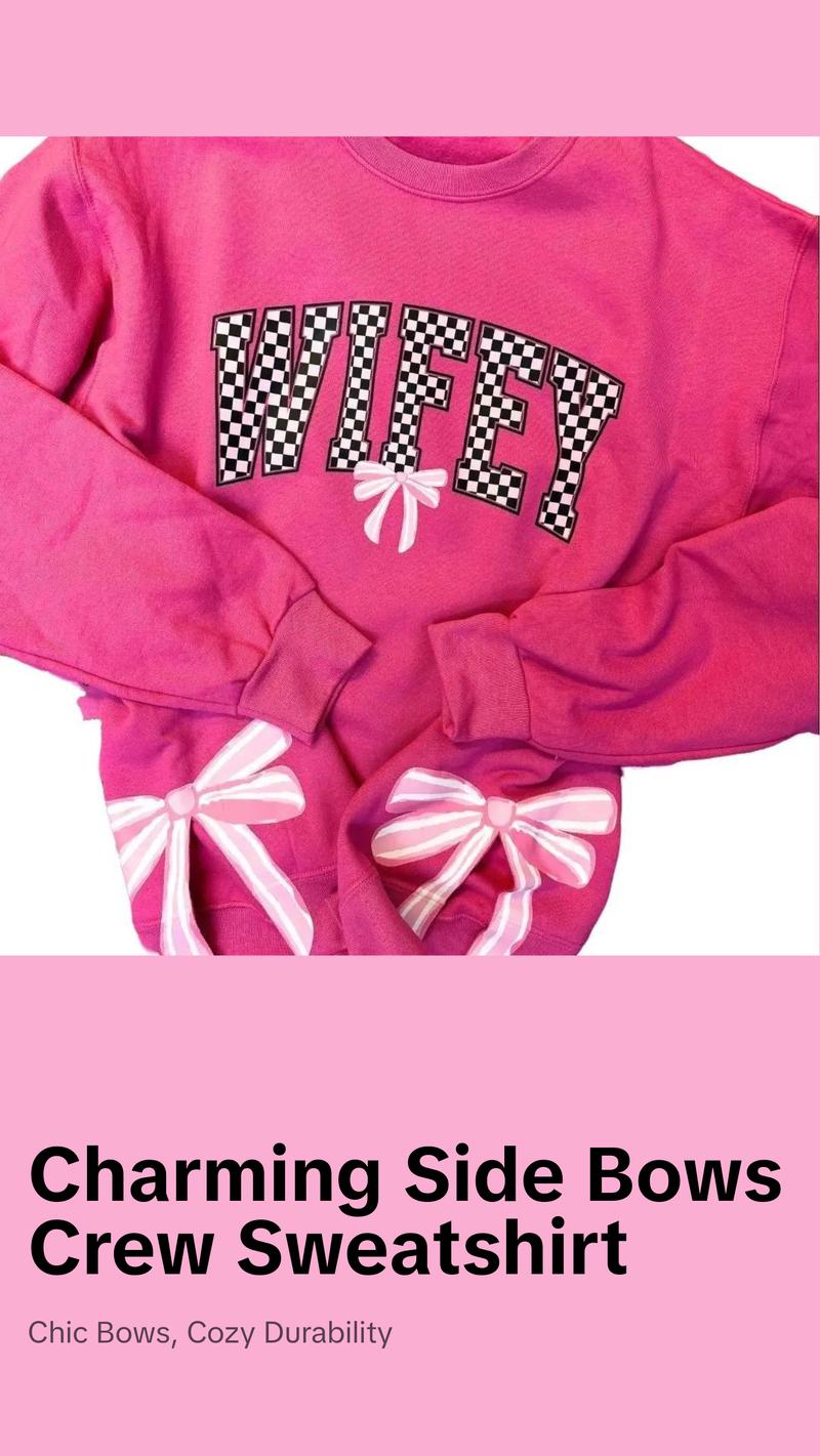 Side Bows PINK AND BLACK CHECKERED BOW WIFEY Unisex NuBlend Crew Sweatshirt WIFE Trendy Casual Long Sleeve 50/50 Cotton/Polyester Pre-shrunk Fleece High Stitch Density