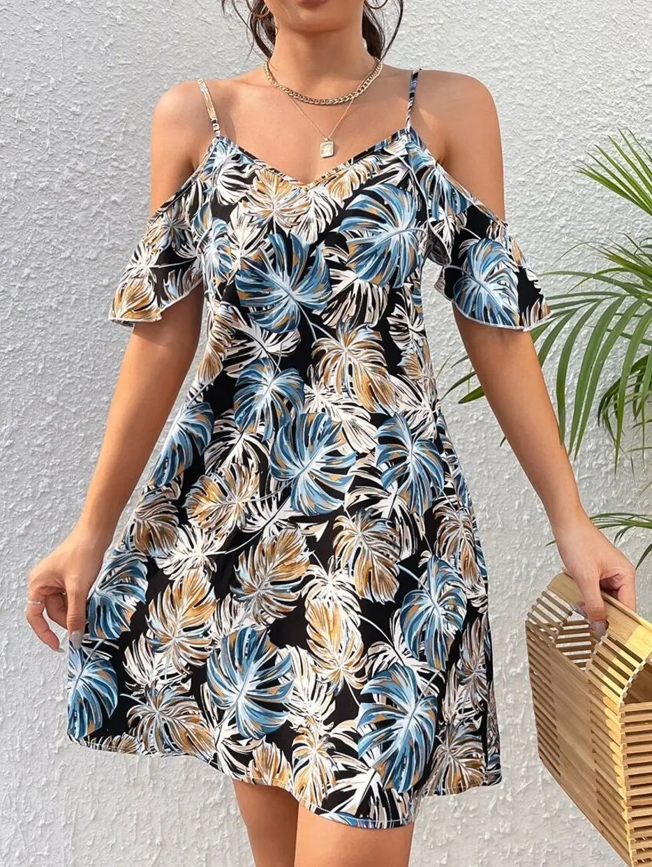 Tropical Print Cold Shoulder Dress - Summer Boho Mini Dress for Beach Vacation