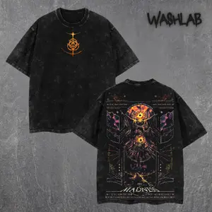 Retro Collection Limited Frenzy Flame Edition Elden Ring Game Graphic Tee Double Sided Print Oversized Acid-Washed Heavyweight Cotton T-Shirt – Unisex Game Tee, Perfect Gift for Anime Game and Lovers Menswear Tops