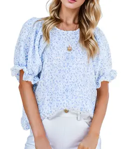 ZEAGOO Women Floral Blouses Crewneck Short Puff Sleeve Shirts Casual Loose Fitting Babydoll Summer Tops