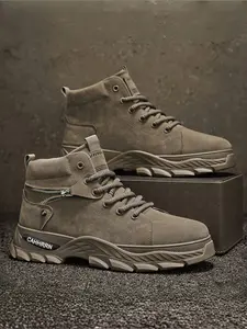 Men's All-Yellow Suede High-Top Work Boots, Retro Casual Style, Suede Material + Side Zipper + Lug Platform Sole, Soft Texture, Easy On/Off , Ideal for Daily Commuting & Outdoor Wear Scenarios