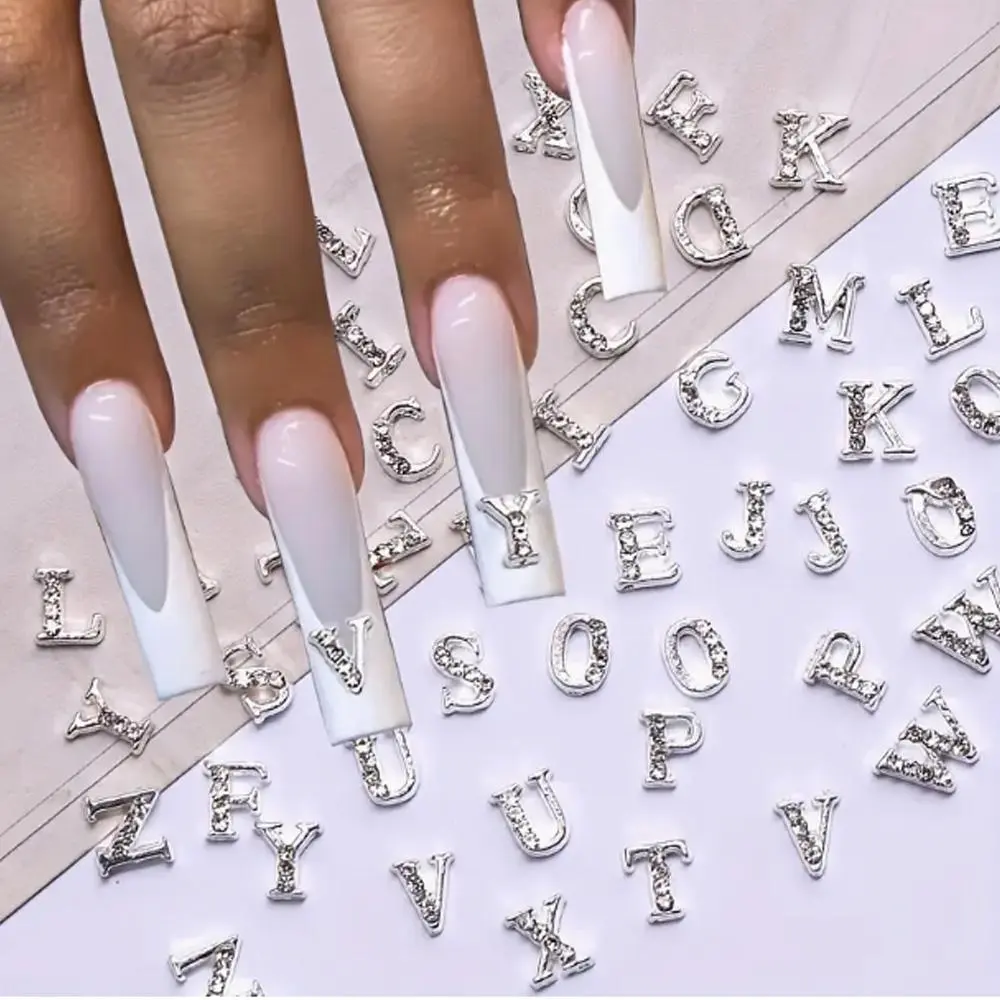 26Pcs Silver Rhinestone Alphabet Nail Charms Set-A-Z Letters Nail Gems,Custom Name Initial Nail Art Decorations for Acrylic Nail