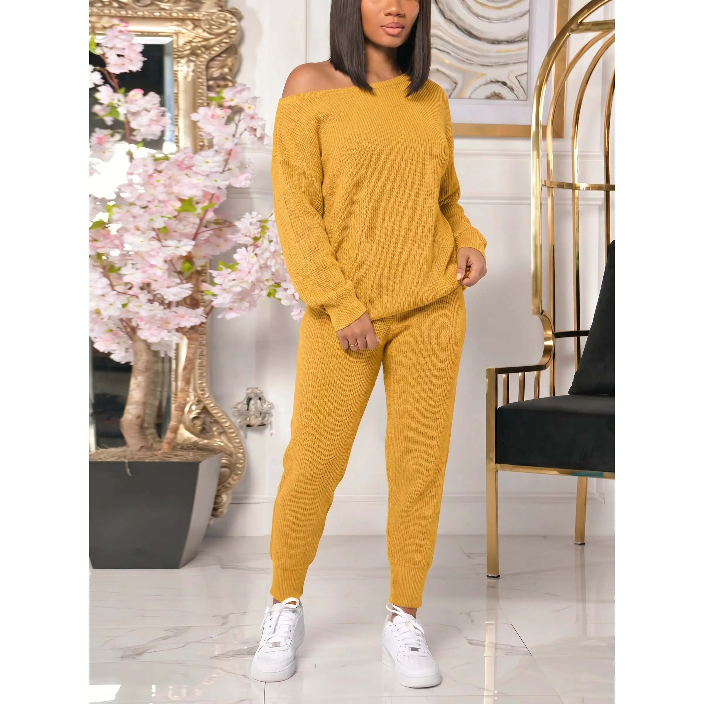 USBoutiqueCHIC Women’s One Shoulder Waffle Knit Two Piece Loungewear Set | Loose Long Sleeve Top & Jogger Pants Casual Tracksuit