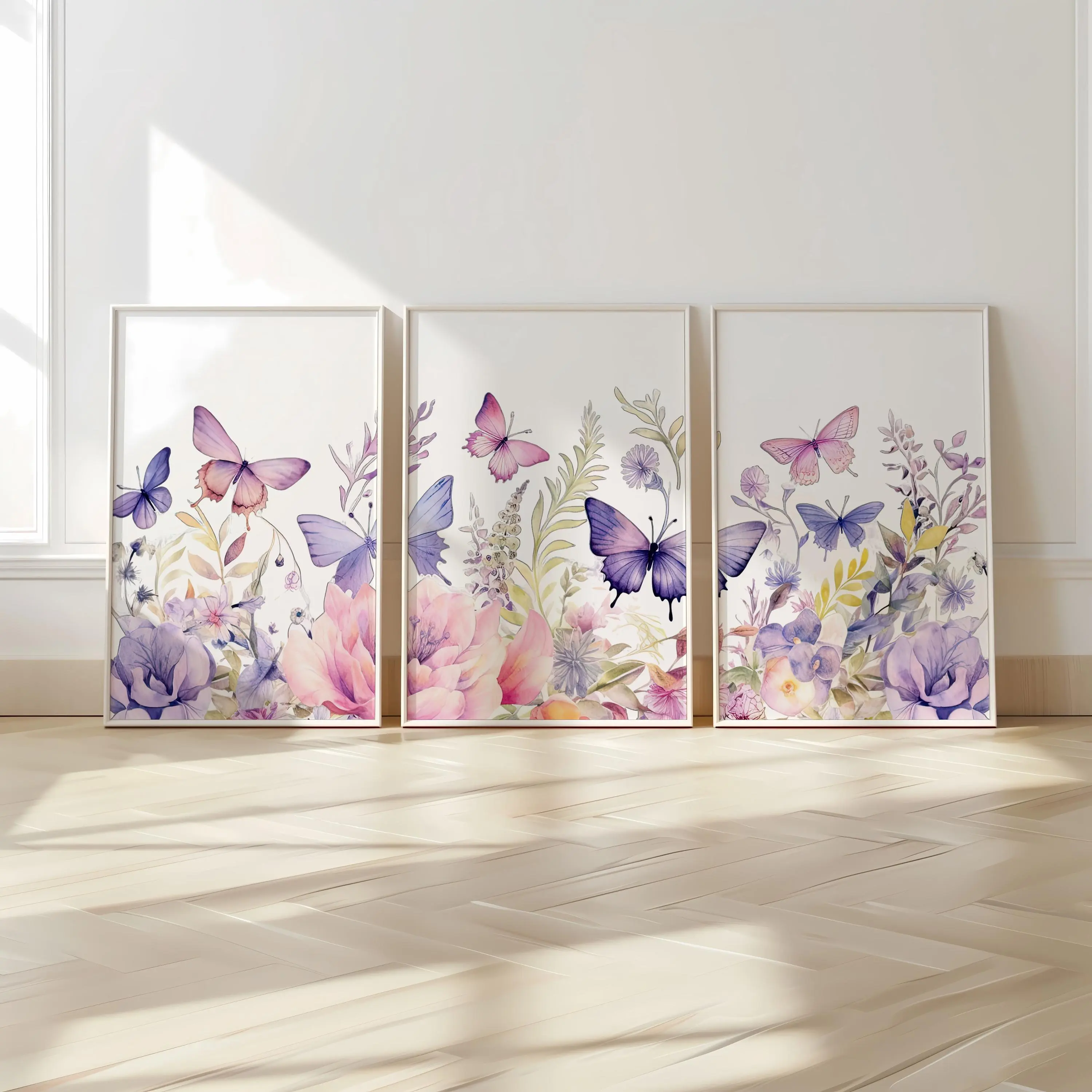 Set of 3 Purple Butterfly Poster Unframed , Flowers Wall Art Set, Floral Posters, Modern Art, Kids Bedroom Decor, Girl Nursery Decor, Playroom Prints John