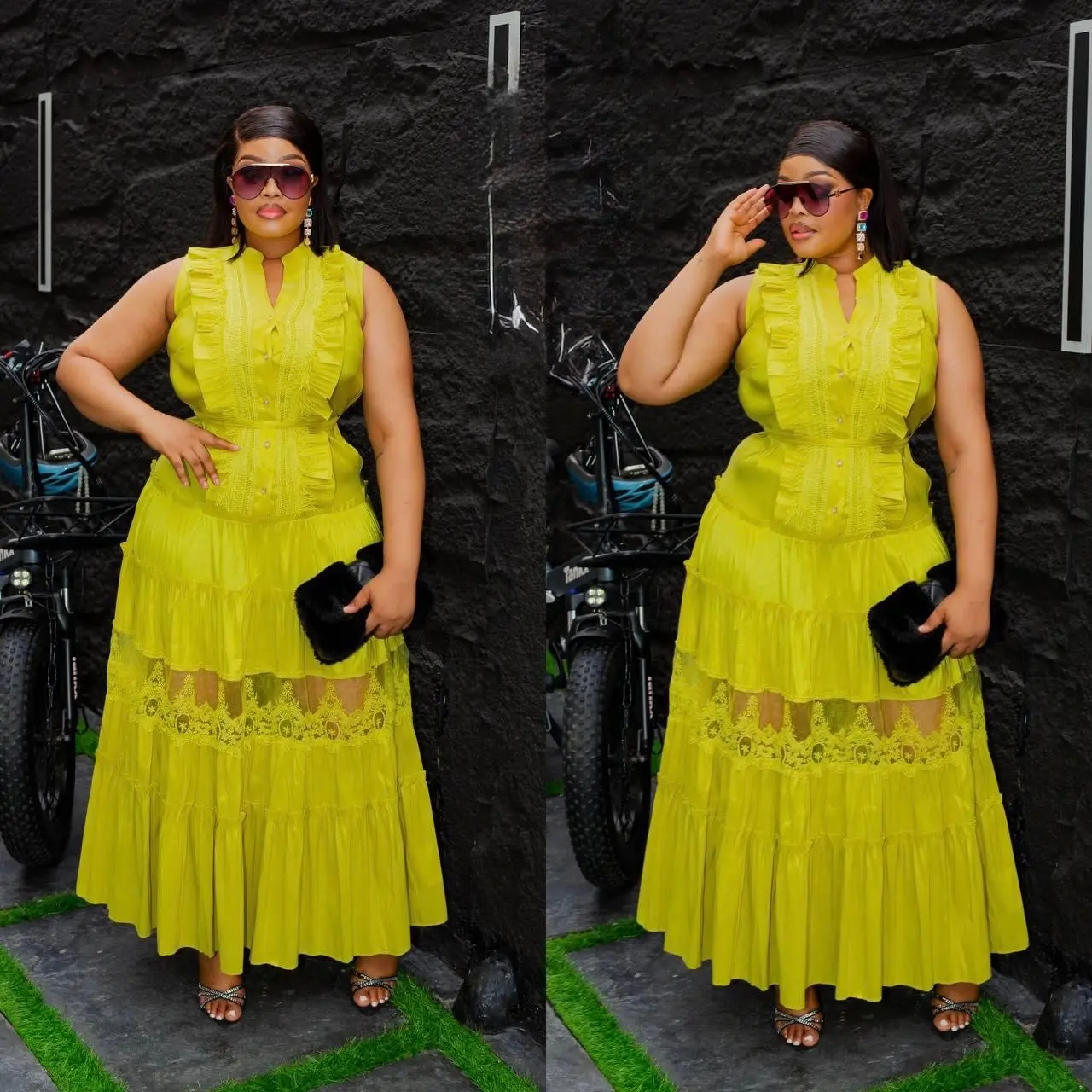 Lemon Pleated Twirl Skater A-Line Maxi Dress: Summer Wedding Guest Birthday Party Cocktail Dinner Graduation Outfit Church Gala Anniversary Luxury Turkey Dresses for Women Plus Size