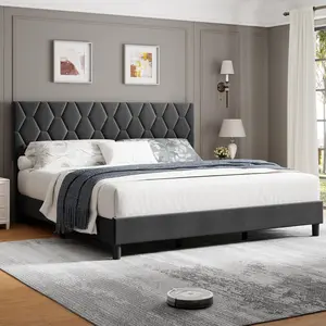 King Bed Frame Upholstered Adjustable Headboard Heavy Duty Platform Wooden Slats Grey No Box Spring Needed