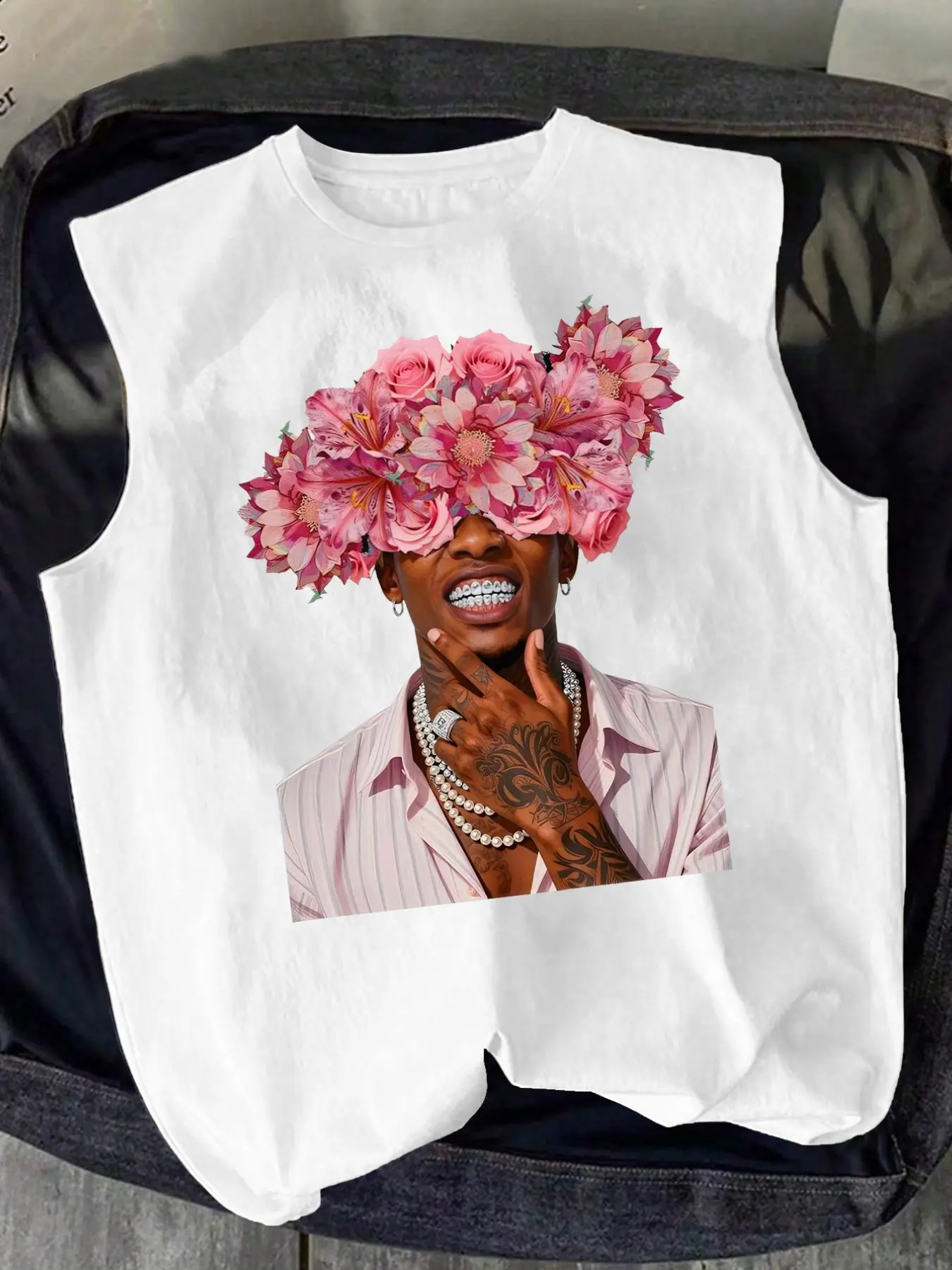 Men's Sleeveless T-Shirt, Casual Cross Pattern, American Street Style, Floral Portrait Print, Summer Vacation, Party Wear, Comfortable Tank Top, Streetwear, Menswear