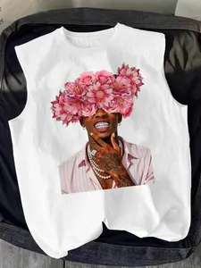 Men's Sleeveless T-Shirt, Casual Cross Pattern, American Street Style, Floral Portrait Print, Summer Vacation, Party Wear, Comfortable Tank Top, Streetwear, Menswear