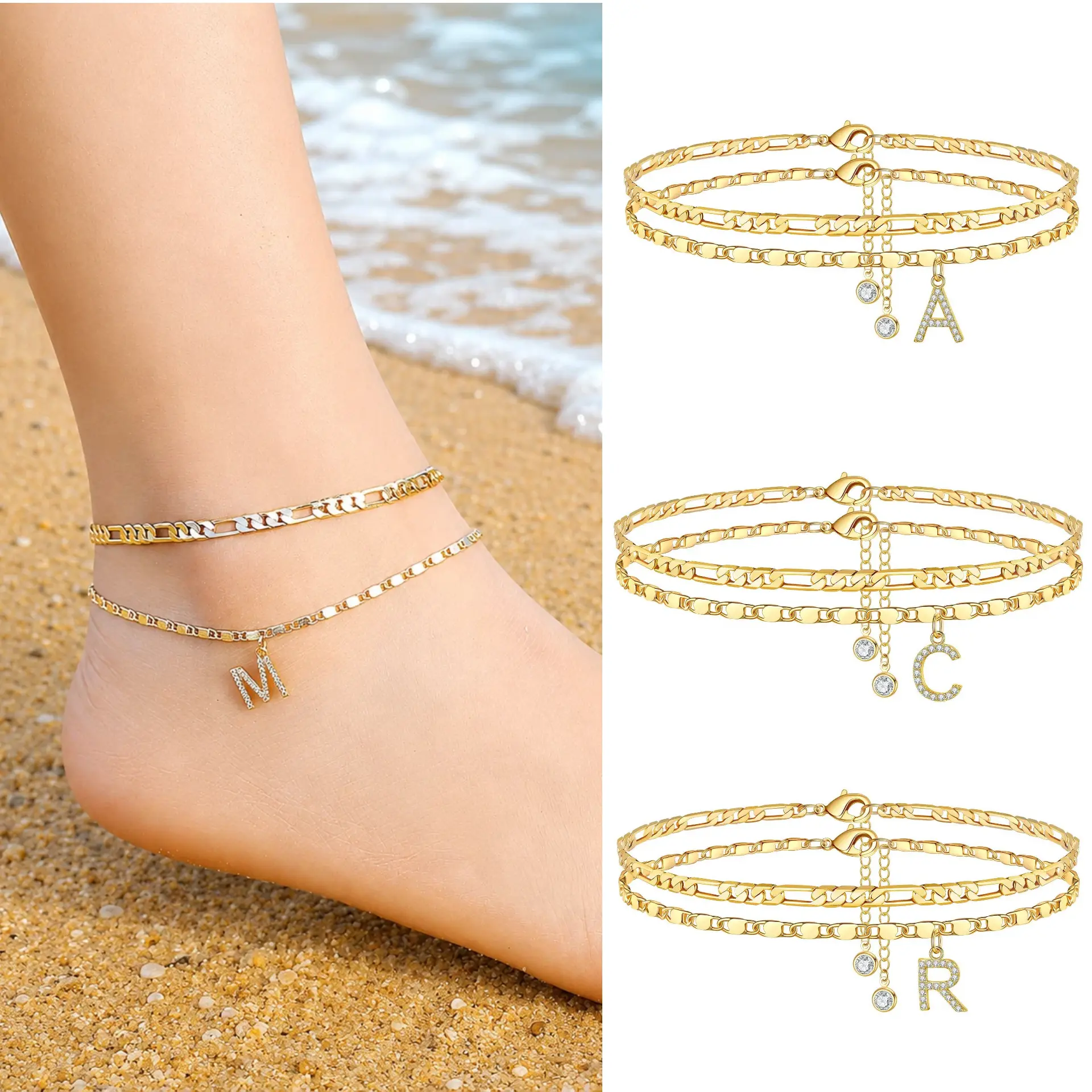 Double-Layer 26-Letter Gold。A-Z Initial Layered Anklet Set for Women, Dainty Gold Chain Ankle Bracelet with Letter Pendant, Hypoallergenic Waterproof Adjustable Summer Jewelry Gift-Perfect for birthdays, Valentine's Day, Christmas, anniversaries