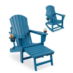 GAOMON 1PCS Rocking Adirondack Chairs, Folding Adirondack Rocking Chair With Footrest, Adirondack RockingChair Outdoor With Retractable Ottoman and Cup Holder