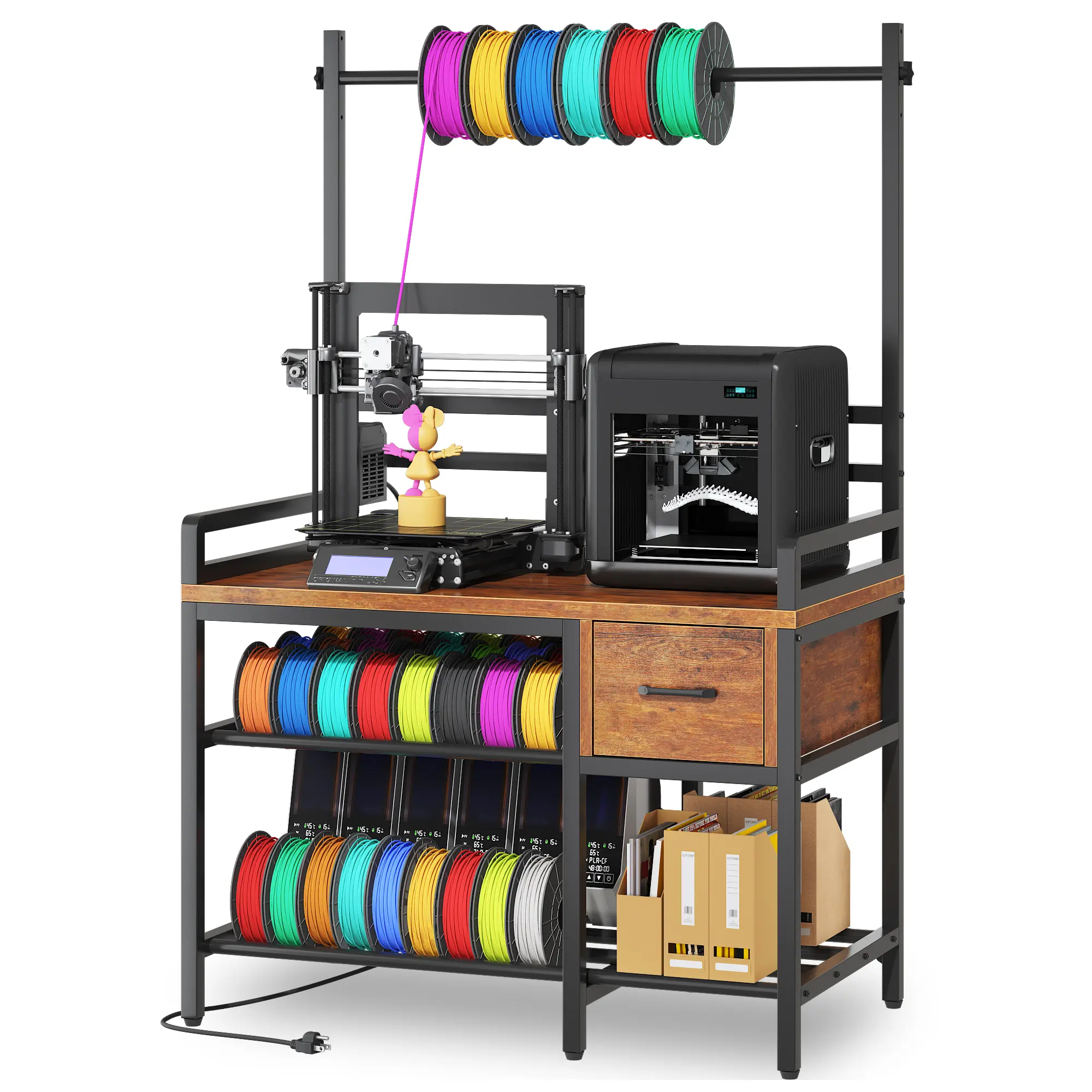 Heavy Duty 3D Printer Stand with Built-In Power Outlet, Filament Spool Holder, Storage Drawer & Shelf, Sturdy Metal Workstation Table with X-Brace for Home Office Workshop Garage