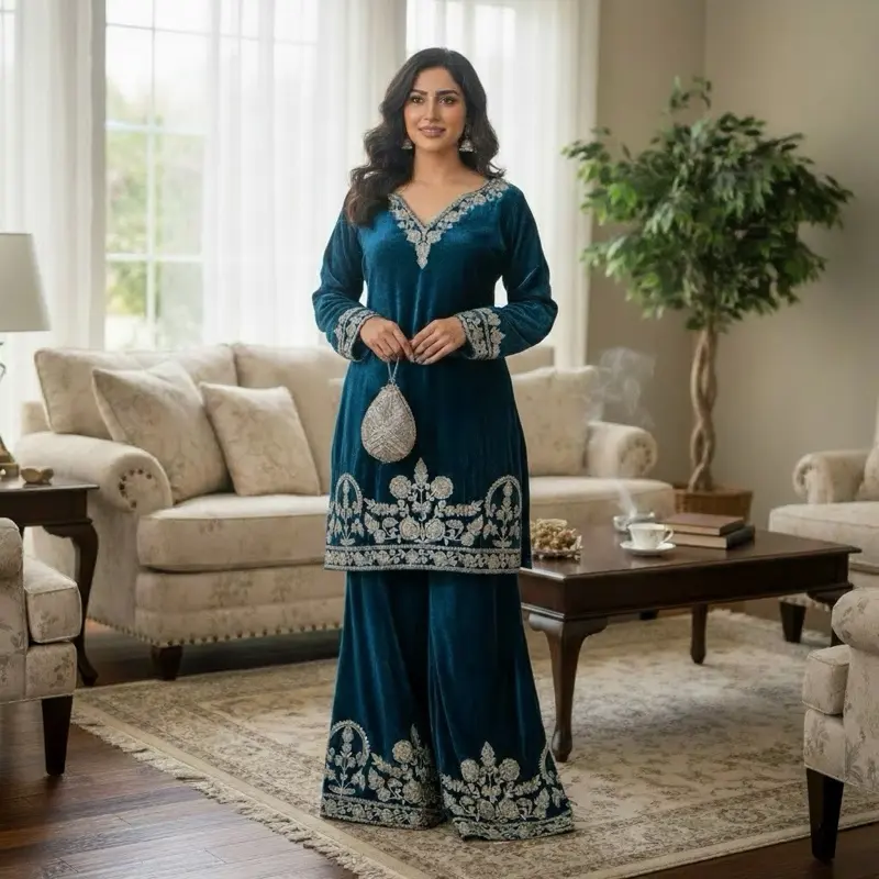 Women's Velvet Kurthi Set, Elegant Gold Embroidered 2-Piece Traditional Suit with Plazo Pants and Putli Bag, 38” Bust Size, Lady, Embroidery, Clothes, Women's Clothes
