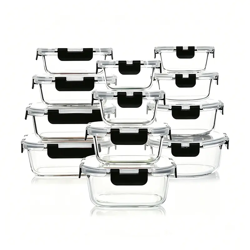 Viral TikTok glass storage containers 12pcs set (12 containers + 12 lids) airtight black lids leakproof snap seal borosilicate glass 6 size variation microwave oven freezer dishwasher safe meal prep lunch kitchen upgrade essentials, Organiser, Utensils, C