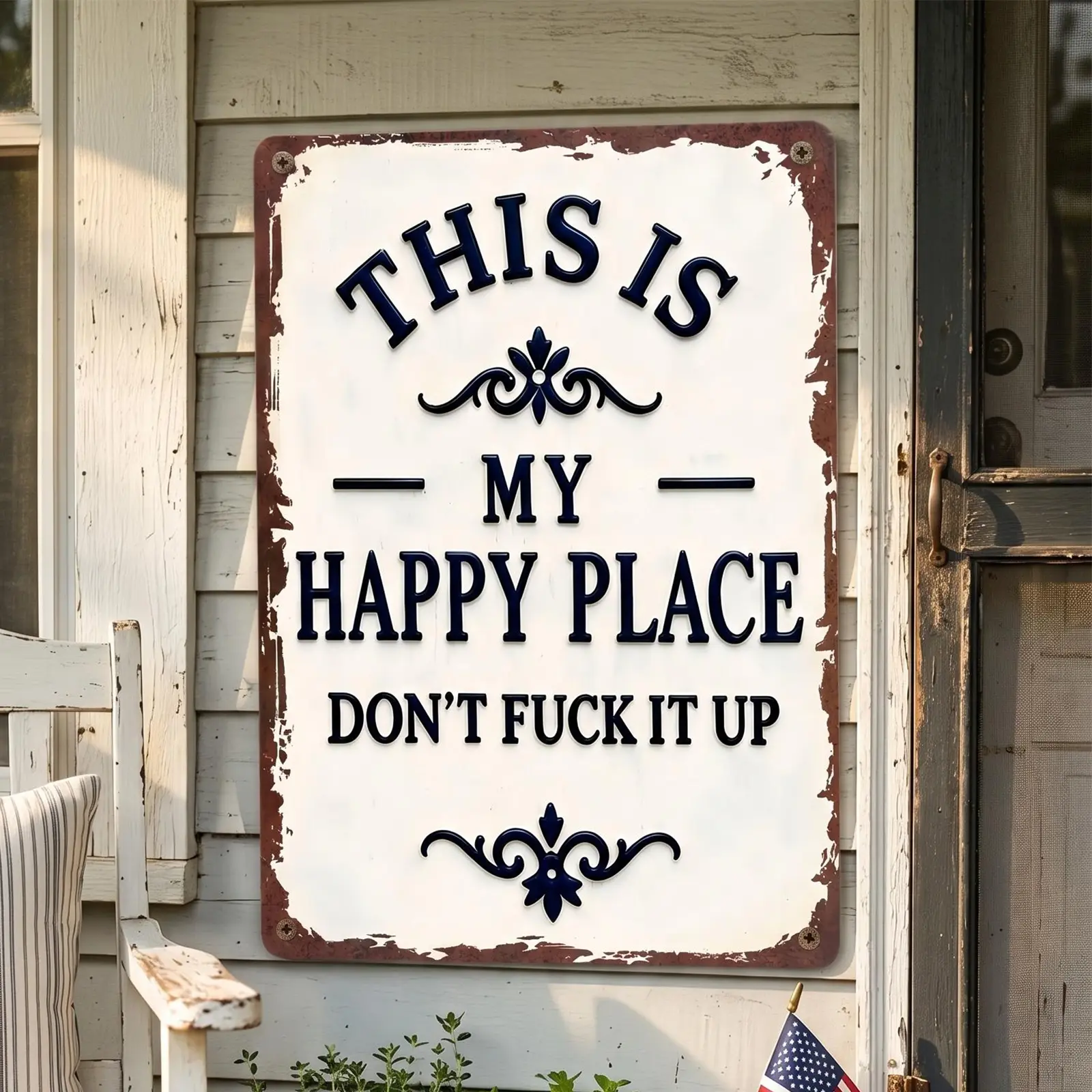 Vintage 8x12 in Aluminium Wall Plaque Sign - Funny "This Is My Happy Place Don't Fuck It Up" Quote, Rustic Farmhouse Novelty Decor, Men's Stuff Room Decor (Wall Plaque Adds Instant Personality)