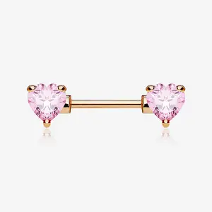 A Pair of Rose Gold Double Heart Gem Nipple Barbell Ring