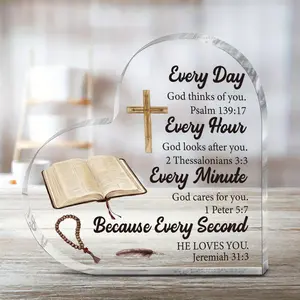 Acrylic Heart Shaped Plaque, 1 Count Bible Verse Pattern Ornament, Home Office Desk Decoration Gift for Pastors Women Daughter Friends Bestie, Acrylic Plaque Sign