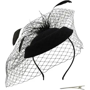 Fascinator Hat Flower Feather Mesh Veil Wedding Tea Cocktail Hat Headwear for Women Lady Girls