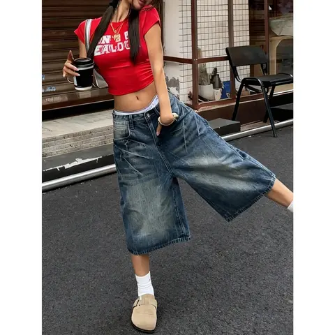 Y2K Vintage Washed Cat Whisker Pocket Wide Leg Bermuda Denim Jeans Shorts, Casual Capri Pants, Y2K Music Festival