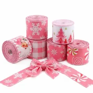Pink Christmas Gift Wrap Ribbon with Snowflake & Tree Patterns for Festive Wrapping
