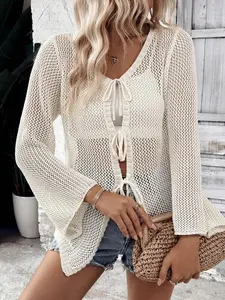 Women's Solid Color Tie Front  Sweater Cardigan, Elegant Long Sleeve  Cardigan, Ladies Knitwear for Summer, Womenswear