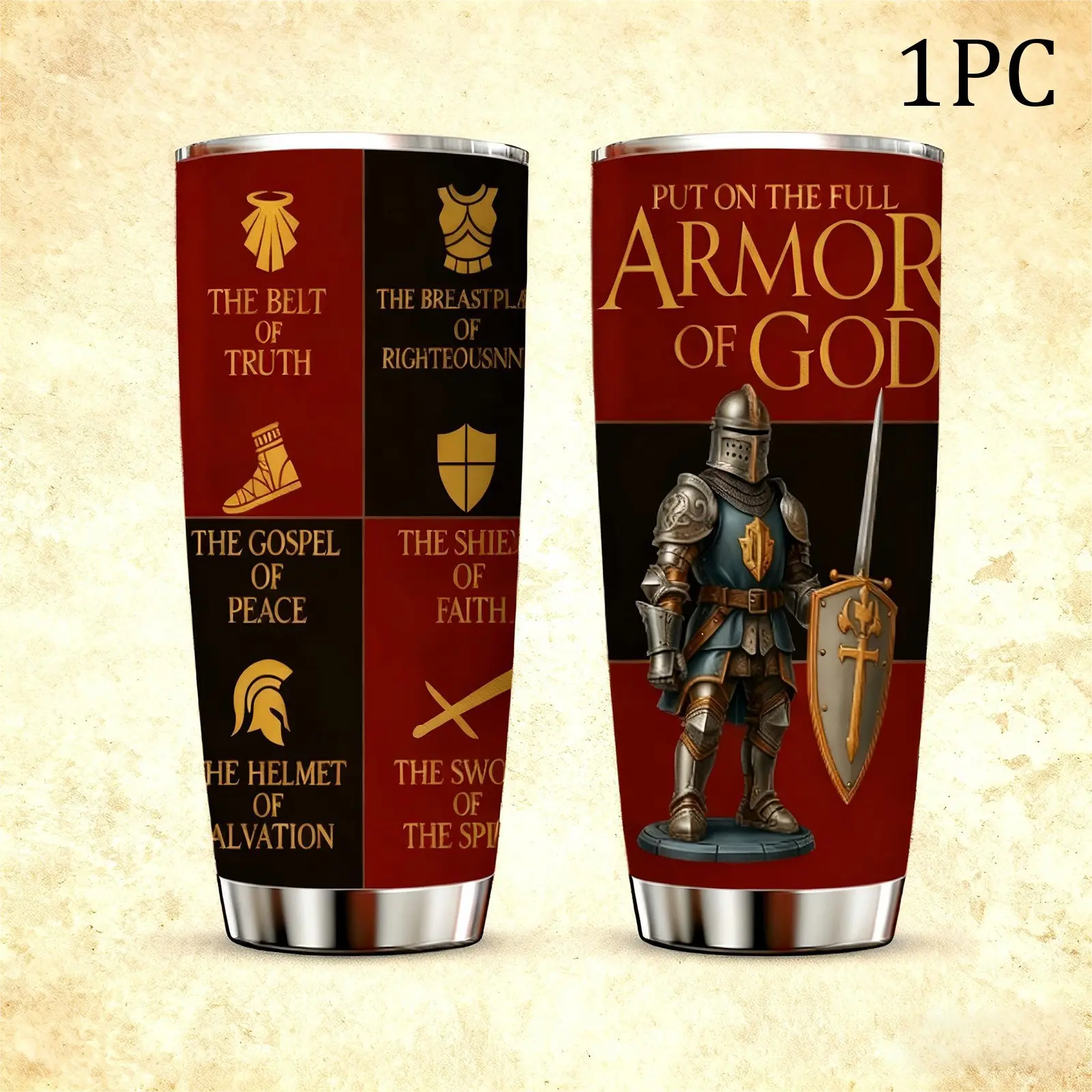 1 Pc 20oz double wall stainless steel insulated vacuum flask mug cup, leak proof travel tumbler, Thermal cup, keeps hot 12 hours and cold 24 hours, Armor of God Christian design, for hot cold drinks, faith gift for women and men, birthday, holiday
