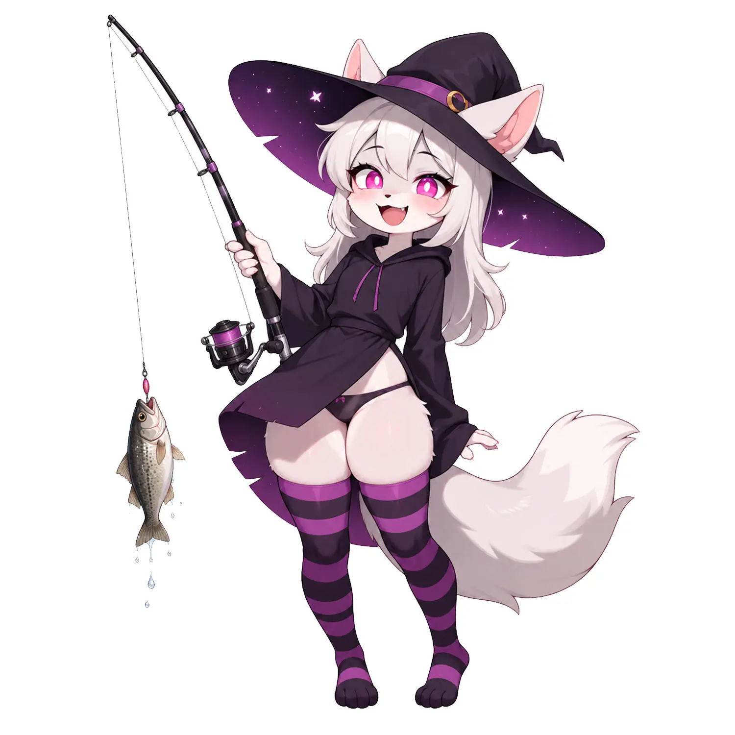 Cute Witch Cat Fishing Sticker, Pink-Eyed Fantasy Angler Holding Fishing Rod and Fresh Catch, Playful Outdoor Decal for Laptop, Tumbler, Car or Gear