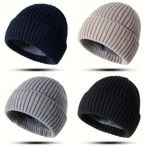4pcs Men's & Women's Winter Hats - Thick Windproof Beanie with Flip Brim, Soft Warm Fold-Over Cuff (Black/Dark Grey/ Grey/White) - Multi-Color Options for Cold Weather, Skiing,, Outdoor Activities - Unisex Winter