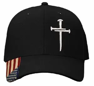 Christian Cross Baseball Cap Religious Christian Cross Design BLACK Adjustable Hat with American Flag Accent and FAITH COIN Embroidered Cross Symbolizing Faith