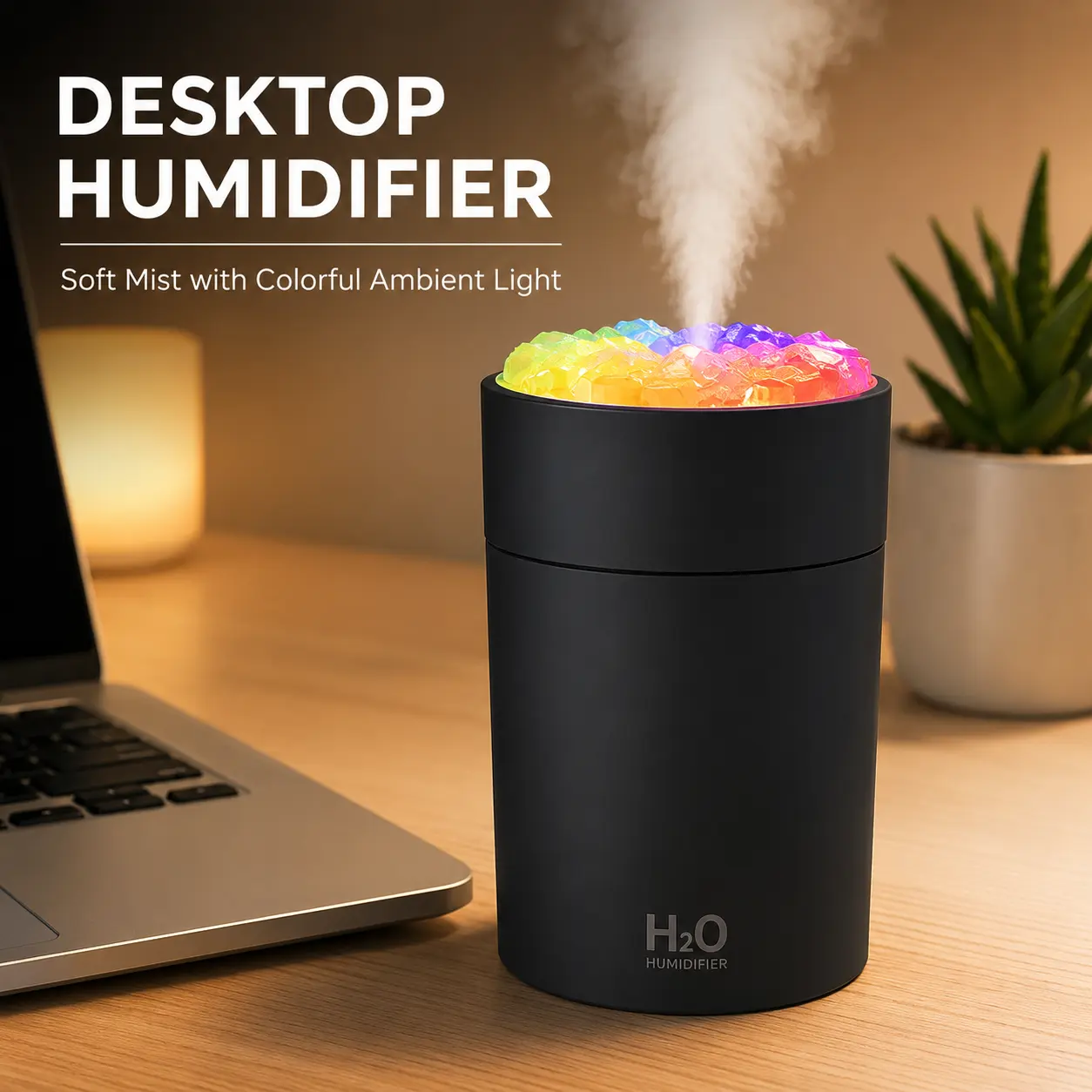 220ML Mini Desktop Humidifier, USB Powered Fine Mist Humidifier with Colorful Ambient Light, Compact Design for Desk, Nightstand, Office and Home