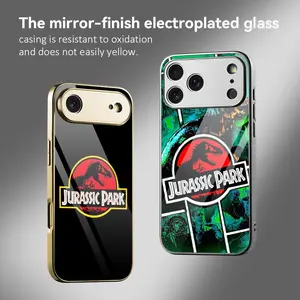 J-Jurassic P-Park D-Dinosaur Phone Case For iPhone 17 16 15 14 13 12 Pro Max Plus Electroplated Metal Bumper Case｜Slim Tempered Glass Back｜Shockproof Anti-Scratch｜Luxury Minimalist Phone Cover｜Daily Protection & Gift