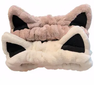2 Pcs Cat Ears Headband, Cute Spa Headbands for Washing Face Skincare Makeup Headbands for Women Girls Trendy Stuff Present Soft Coral Fleece Hair Accessories(Beige Khaki)