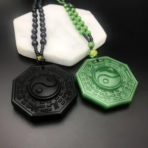 Autumn Winter New Imitation Jade Obsidian Taiji Bagua Sweater Chain Long Versatile Unisex Pendant Necklace for Peace and Safety